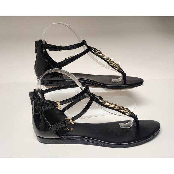 GUESS WGTOLD-T STRAPS CHAIN LINK FAUX LEATHER BLACK GLADIATOR D'ORSAY SANDALS 8M - Picture 1 of 9